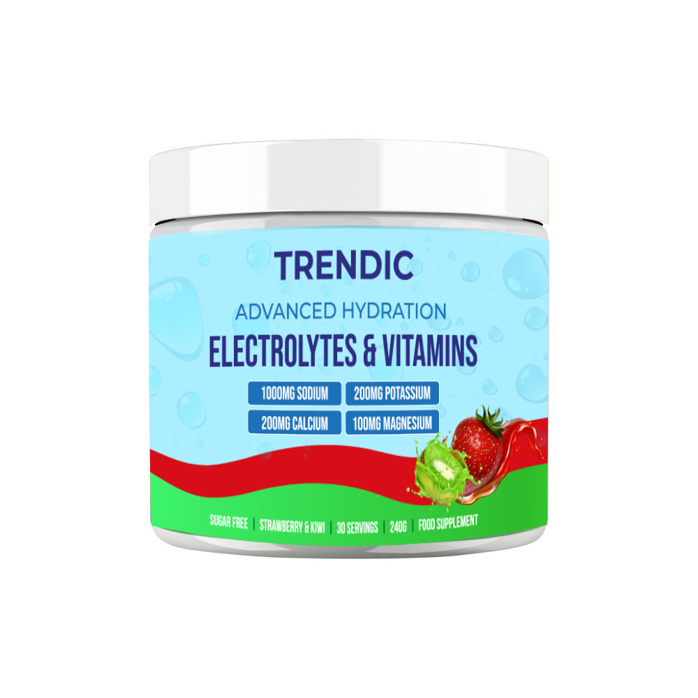 Trendic electrolytes and vitamins supplement container on a white background