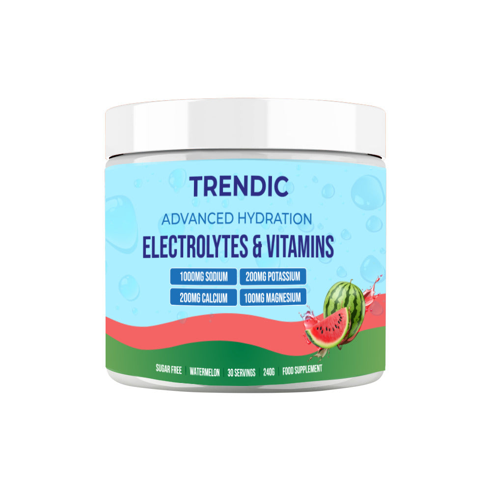 Trendic electrolytes and vitamins supplement container with watermelon flavor on a white background